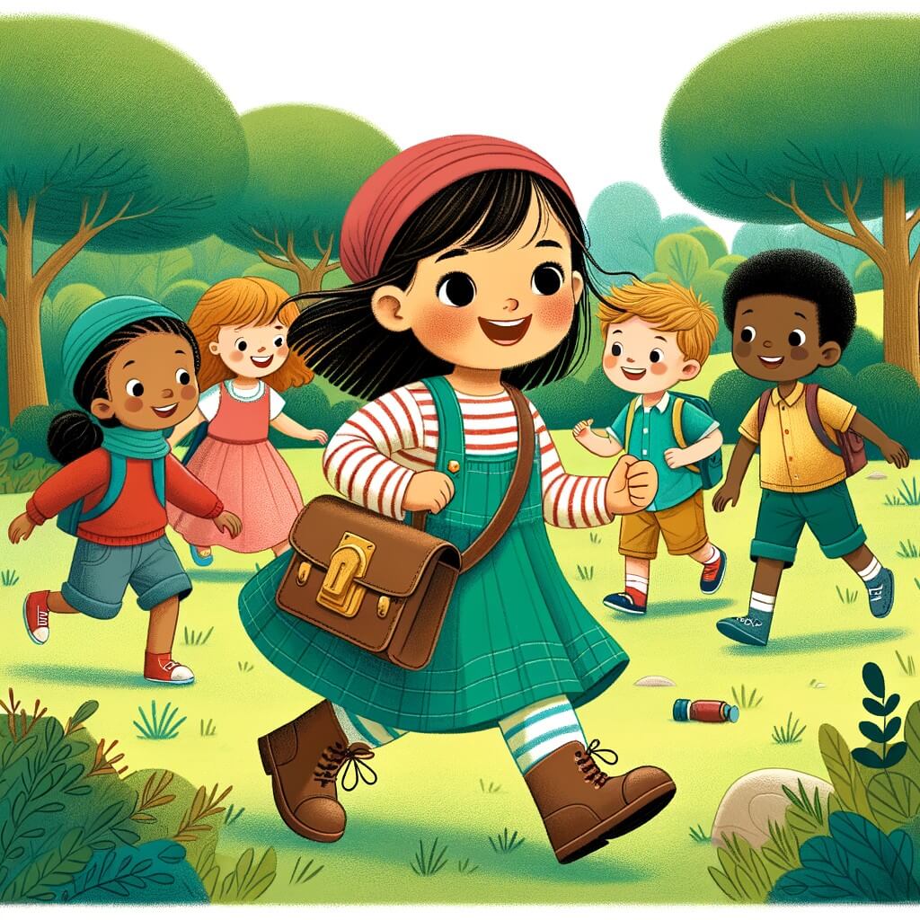 Une illustration destinée aux enfants représentant une petite fille pleine de vie, entourée de ses amis, partant à l'aventure dans un parc verdoyant, à la recherche de trésors cachés et de moments de joie et de rires.