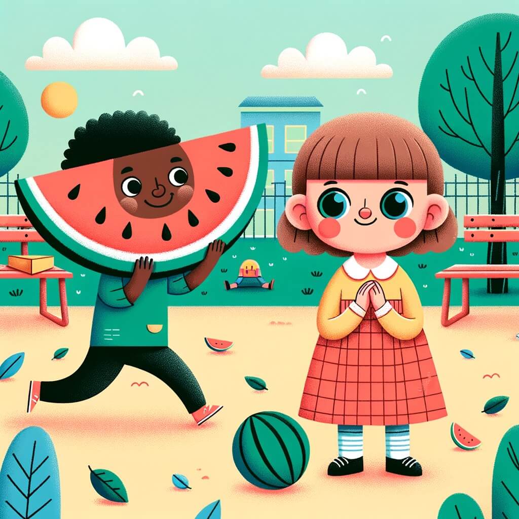Une illustration pour enfants représentant une petite fille timide qui rencontre un garçon bizarre avec un ballon en forme de pastèque dans la cour de l'école.