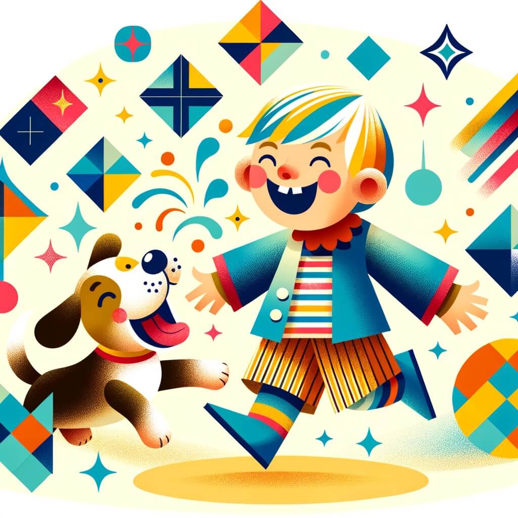 Une illustration destinée aux enfants représentant une petite fille pleine de malice, accompagnée de son joyeux chien, se trouvant dans une cour de récréation colorée et animée, où ils partagent des éclats de rire avec leurs copains.