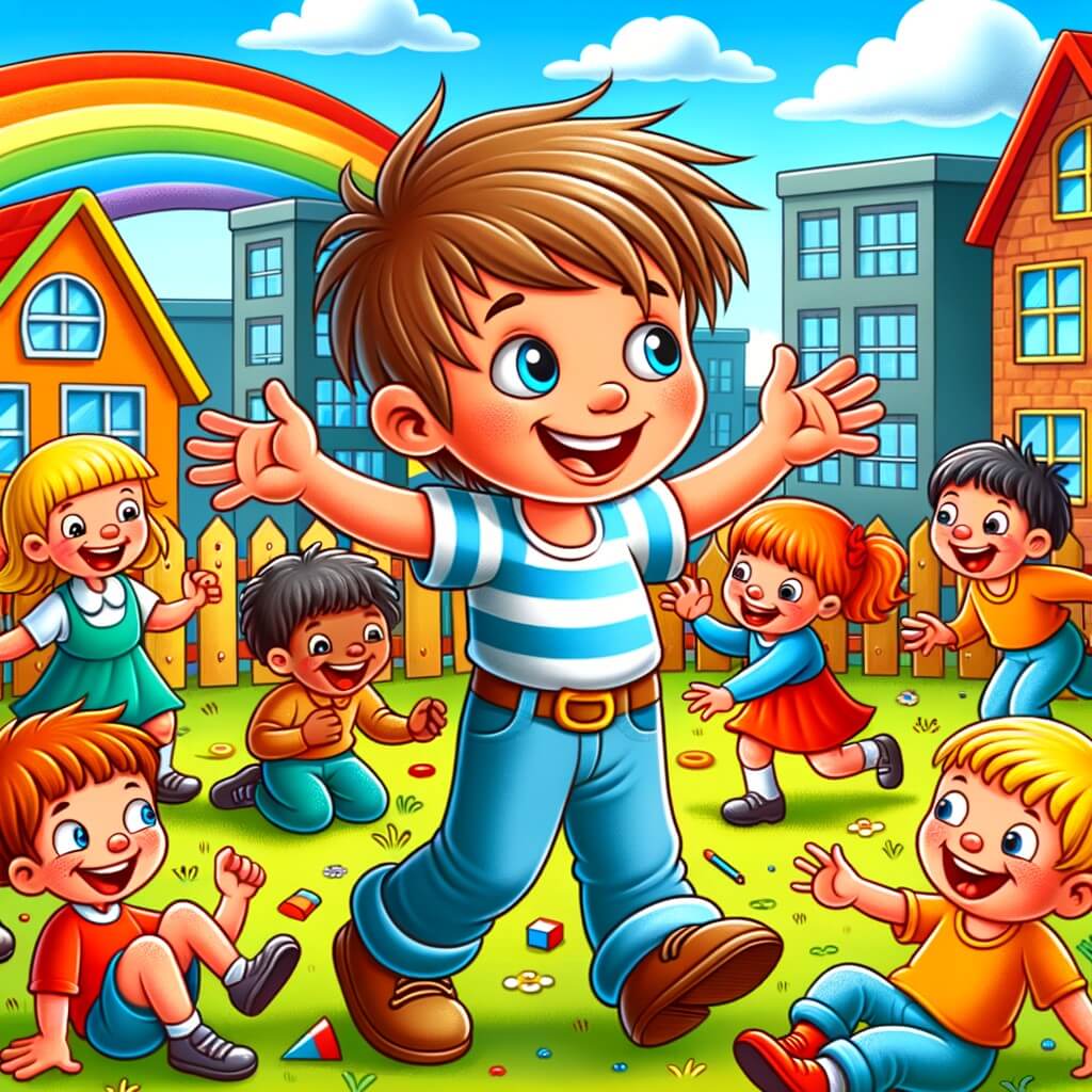 Une illustration destinée aux enfants représentant un petit garçon plein d'énergie et de malice, entouré de ses amis rigolos, dans une cour d'école colorée et animée où ils s'amusent à jouer et à faire des bêtises.