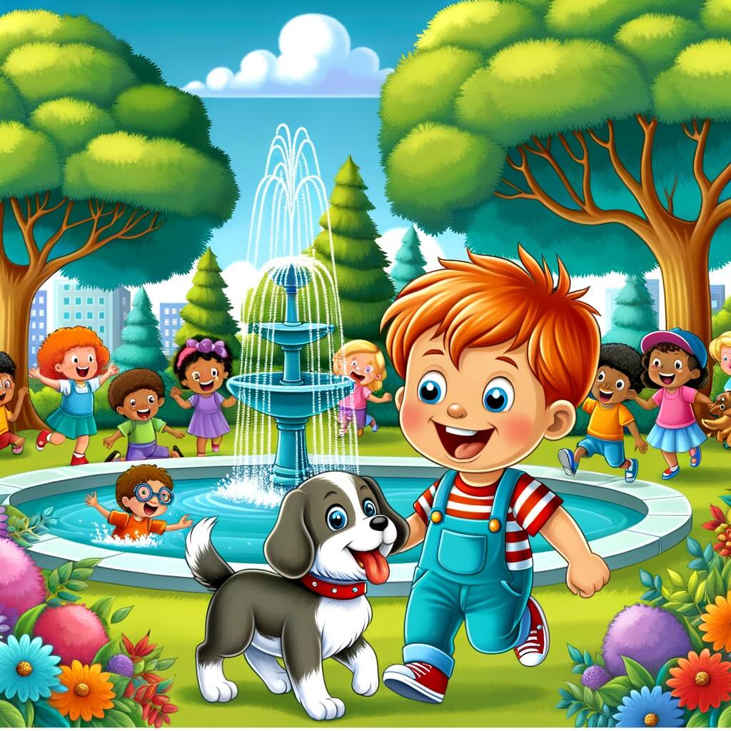 Une illustration destinée aux enfants représentant un petit garçon énergique et espiègle, accompagné d'un adorable chien, dans un parc coloré avec des arbres majestueux, une fontaine joyeuse et des enfants qui rient et jouent ensemble.