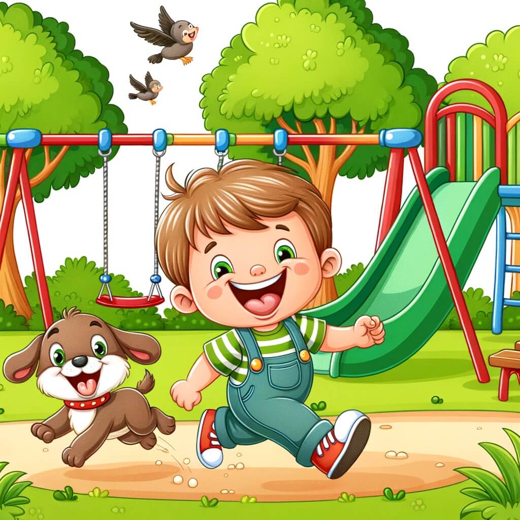 Une illustration destinée aux enfants représentant un petit garçon espiègle, accompagné de son meilleur ami, en train de jouer et rigoler dans un parc verdoyant avec de grands arbres, des balançoires colorées et un toboggan géant.