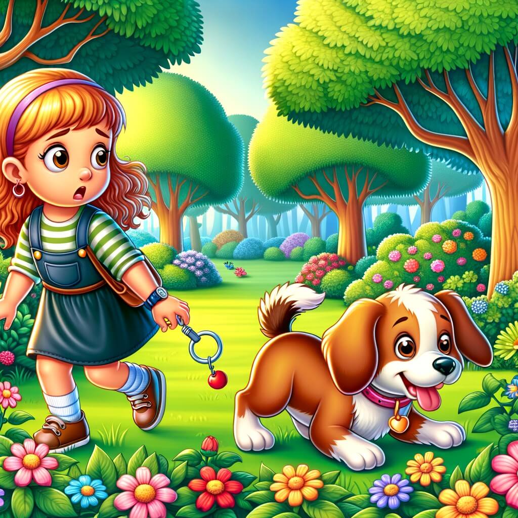 Une illustration destinée aux enfants représentant une petite fille espiègle, accompagnée de son chien joueur, dans un parc verdoyant rempli de fleurs colorées et d'arbres majestueux, où elles rencontrent une petite fille en détresse cherchant sa peluche perdue.