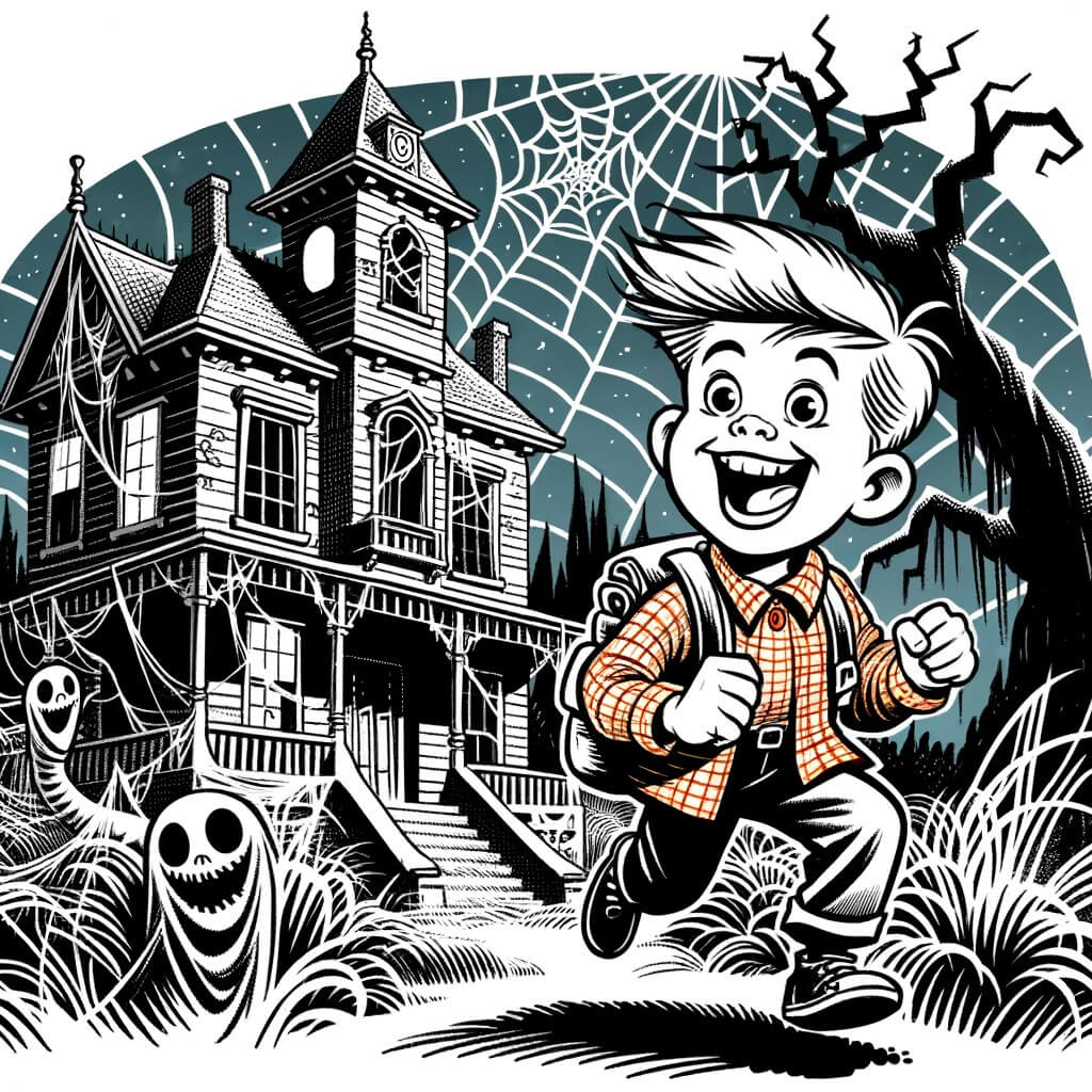 Une illustration pour enfants représentant un petit garçon espiègle et plein de vie, vivant des aventures rigolotes avec ses copains dans une maison abandonnée pleine de mystères.
