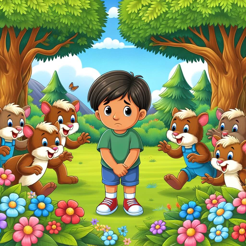 Une illustration destinée aux enfants représentant un petit garçon timide, entouré de ses nouveaux amis rigolos, dans un parc verdoyant rempli de fleurs colorées et d'arbres majestueux.