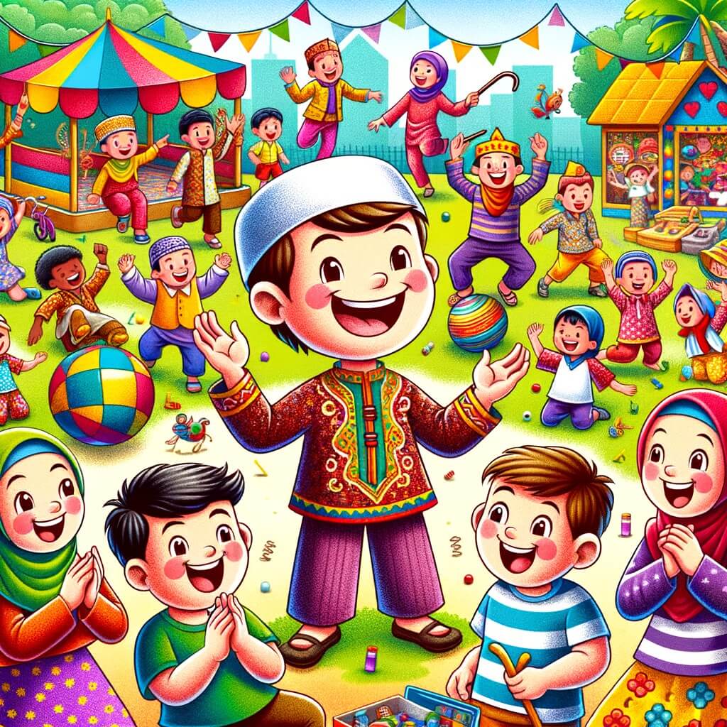 Une illustration destinée aux enfants représentant un petit garçon malicieux, accompagné de ses joyeux camarades, en train de préparer une farce hilarante dans une cour d'école colorée et animée, remplie de jeux et de rires.