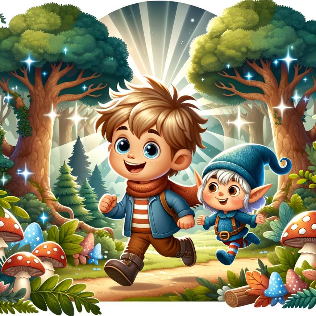 Une illustration pour enfants représentant un petit garçon plein d'énergie et d'imagination, vivant des aventures rigolotes avec ses copains dans un village coloré et animé.