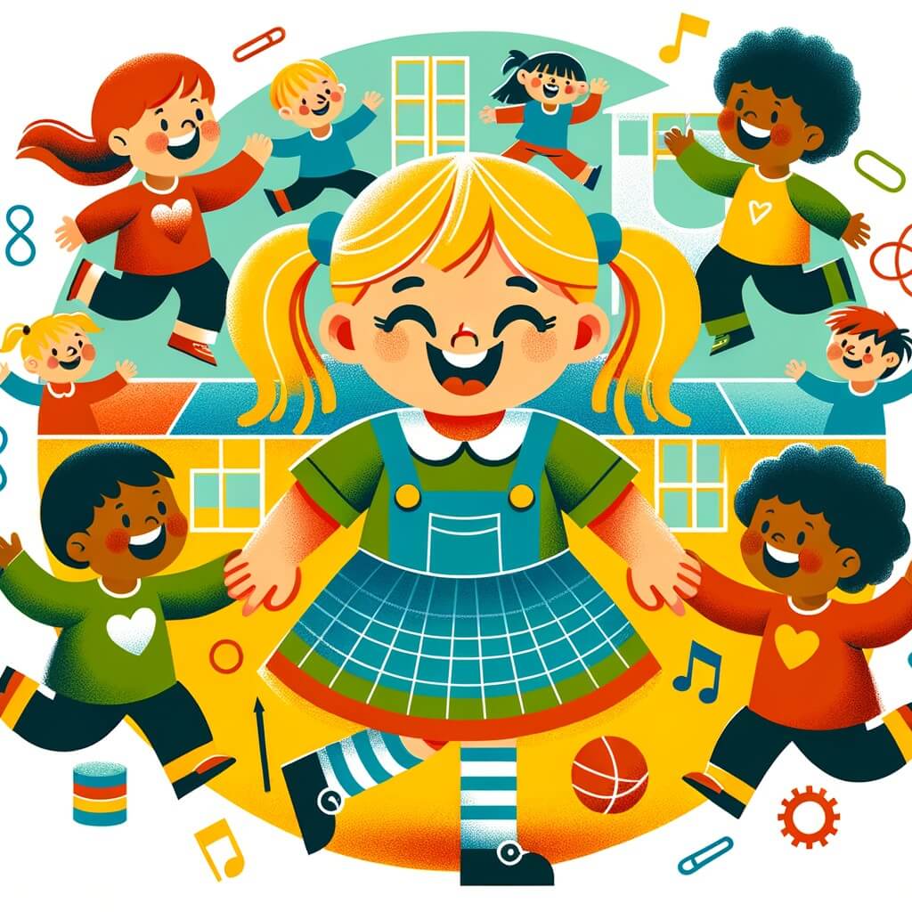 Une illustration destinée aux enfants représentant une petite fille espiègle, entourée de ses amis, dans une cour d'école colorée remplie de rires et de jeux.