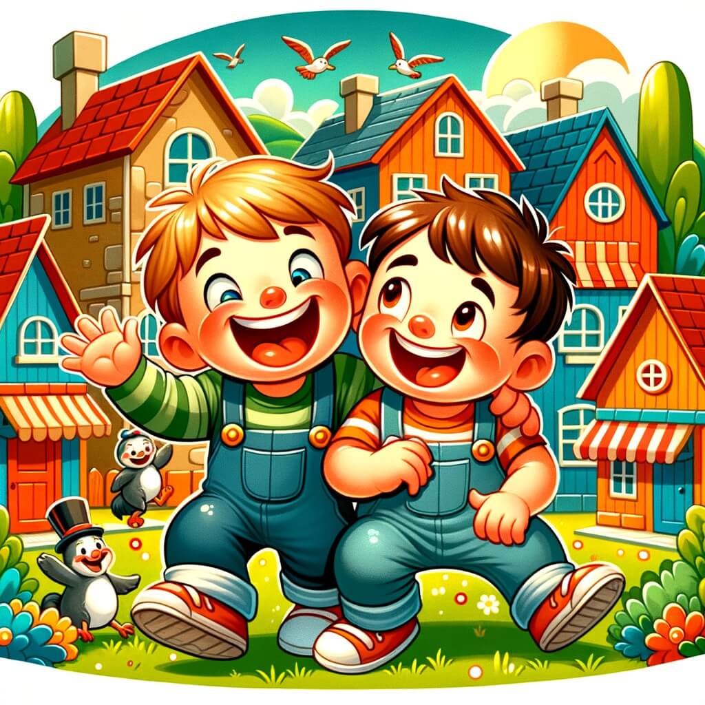 Une illustration destinée aux enfants représentant un petit garçon plein de malice, vivant de folles aventures avec son meilleur ami dans un village coloré et animé où les rires résonnent à chaque coin de rue.