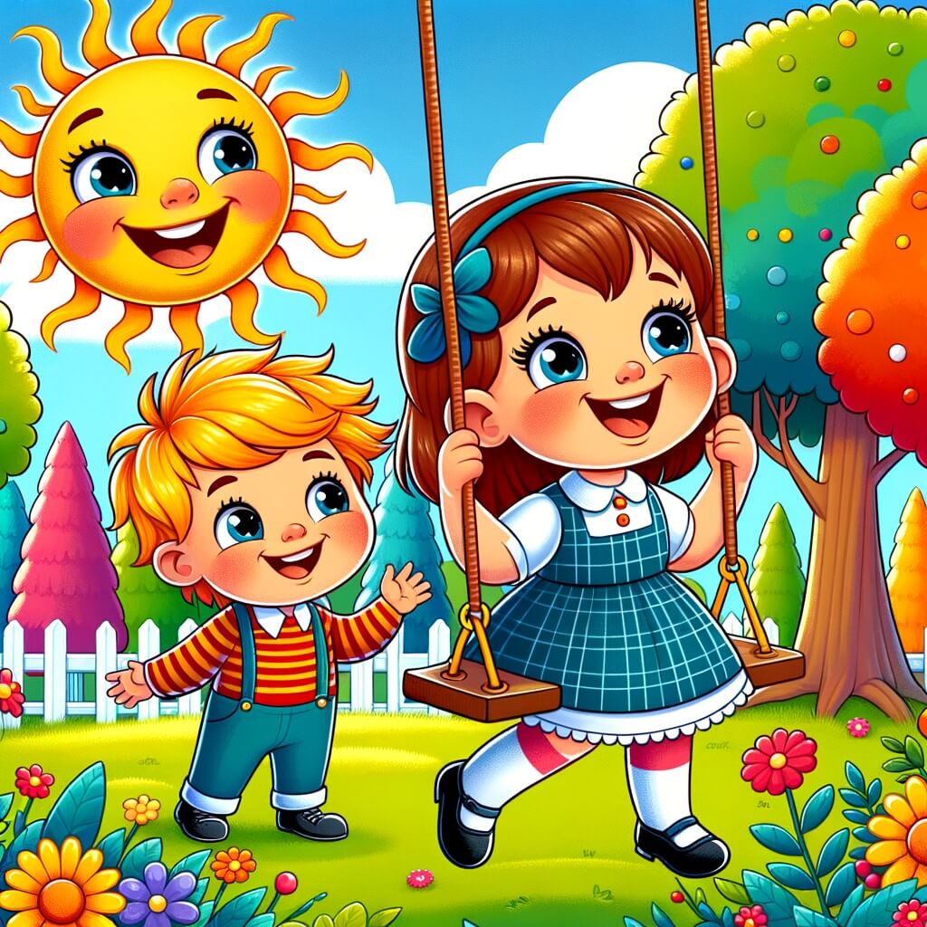 Une illustration pour enfants représentant une petite fille qui essaie de faire une blague hilarante à ses amis dans la cour de récréation de l'école.