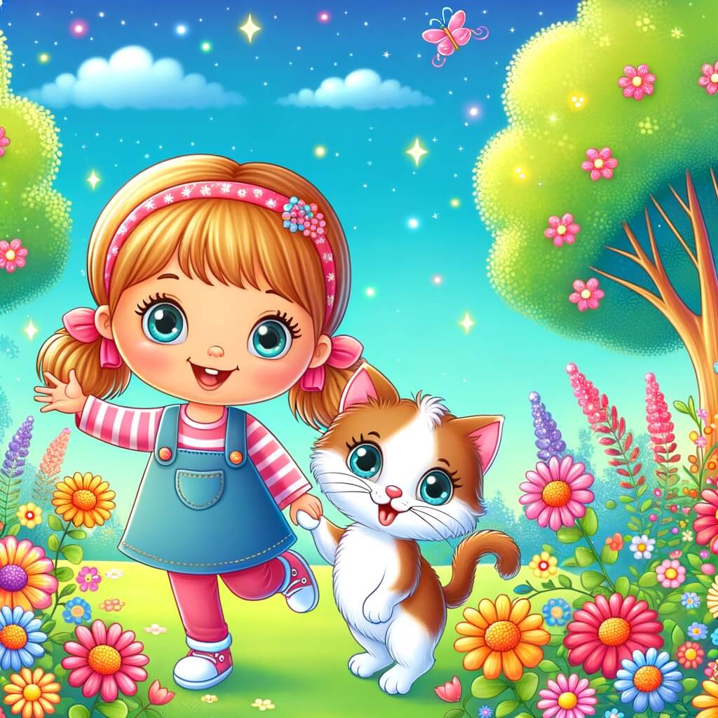 Une illustration destinée aux enfants représentant une petite fille rigolote, accompagnée d'un chaton espiègle, dans un parc coloré rempli de fleurs et d'arbres joyeux.