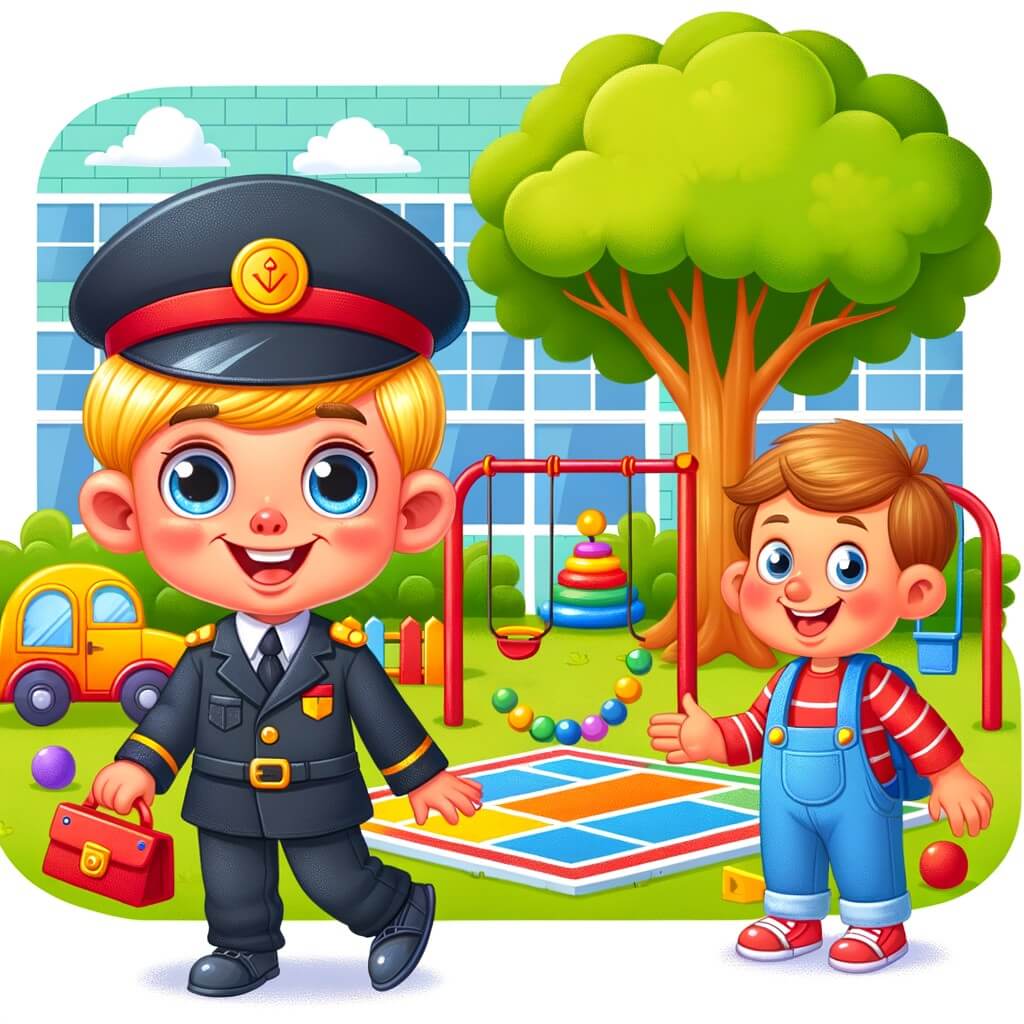 Une illustration destinée aux enfants représentant un petit garçon plein de malice, accompagné d'un nouvel ami, dans une cour d'école colorée avec un grand arbre et des jeux amusants.