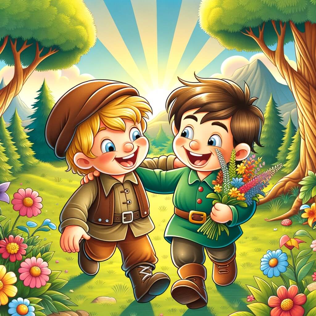 Une illustration pour enfants représentant un petit garçon qui s'amuse avec son nouveau copain dans leur cabane secrète dans le jardin.