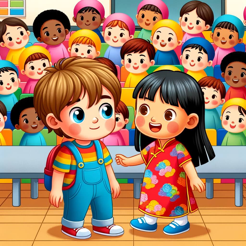 Une illustration pour enfants représentant un petit garçon qui découvre la diversité dans sa nouvelle école en ville.
