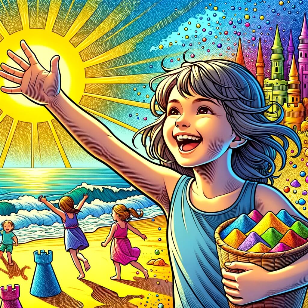 Une illustration destinée aux enfants représentant une petite fille joyeuse, se faisant de nouveaux amis, dans un magnifique paysage de plage ensoleillée, avec des châteaux de sable colorés et des grains de sable variés, symbolisant la diversité.