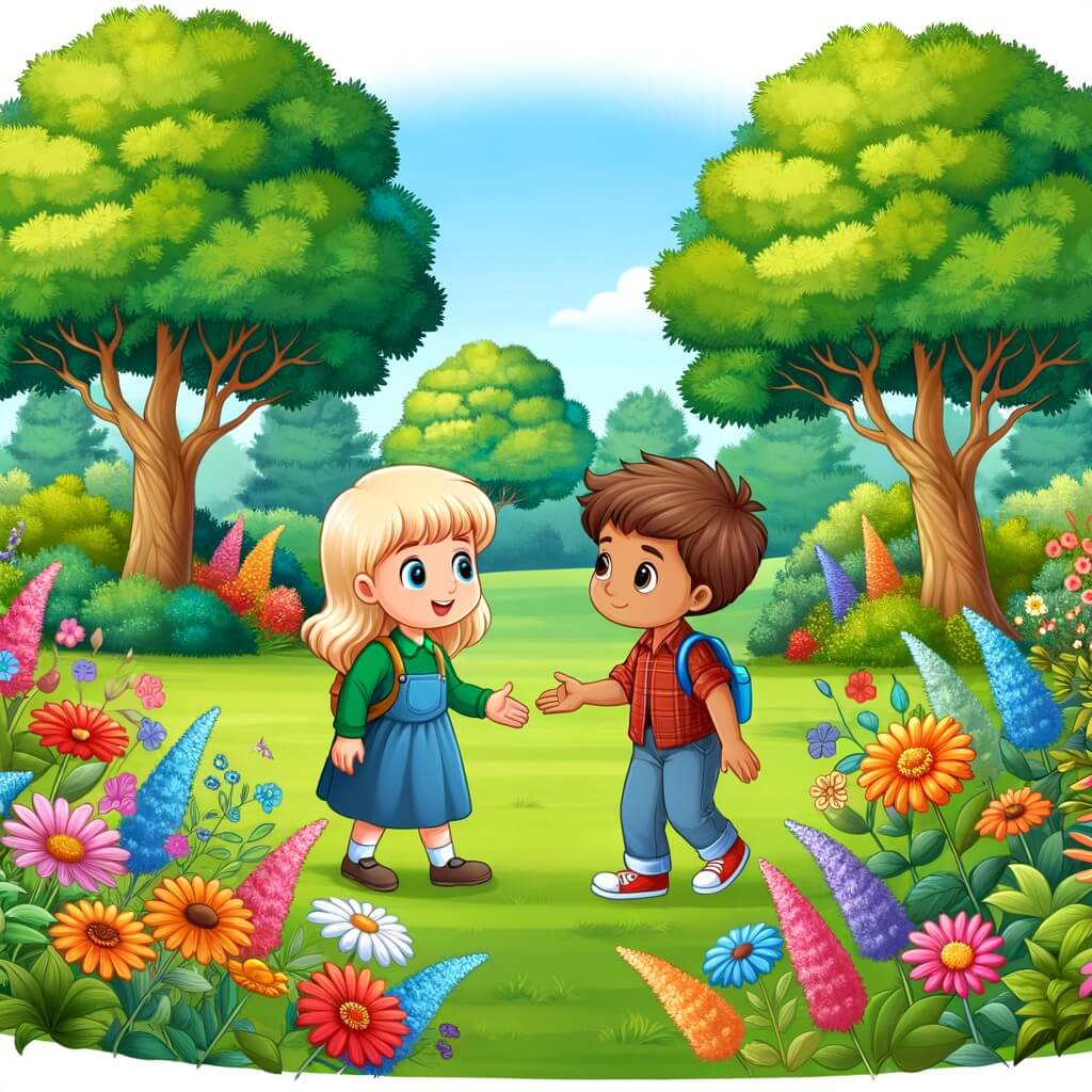 Une illustration destinée aux enfants représentant un petit garçon curieux et plein de vie, faisant la rencontre d'un enfant différent dans un parc coloré et fleuri, où les arbres majestueux et les fleurs sauvages égayent l'environnement.
