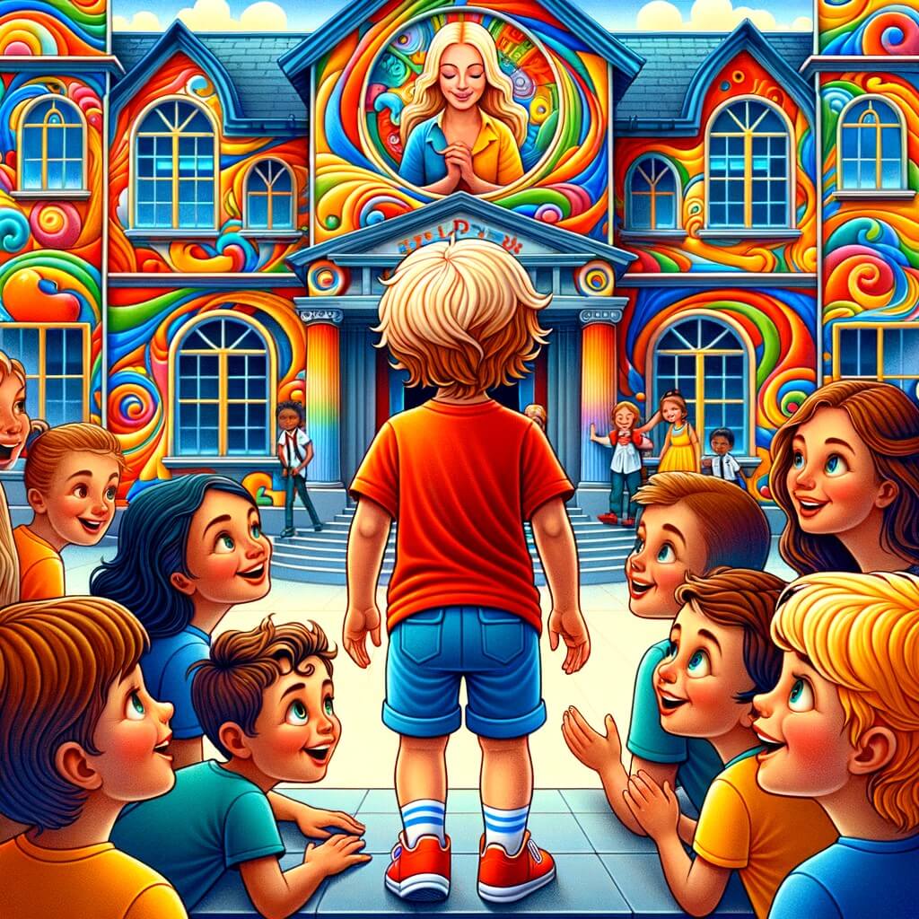 Une illustration pour enfants représentant un petit garçon rayonnant de bonheur, vivant une aventure extraordinaire entouré d'amis aux origines diverses, dans une école colorée et joyeuse.