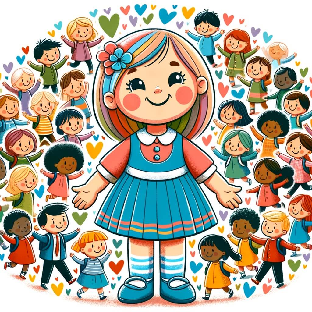 Une illustration destinée aux enfants représentant une petite fille joyeuse et curieuse, entourée d'amis de toutes formes, couleurs et tailles, dans une école colorée et animée où règne l'amour et le respect.