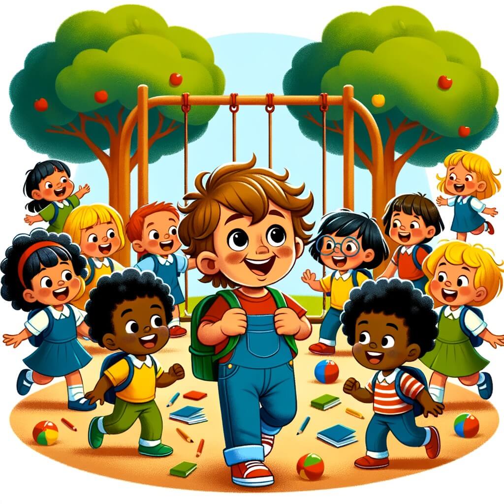 Une illustration pour enfants représentant un petit garçon curieux et enthousiaste, faisant face à la diversité dans une nouvelle école pleine de couleurs et de cultures différentes.