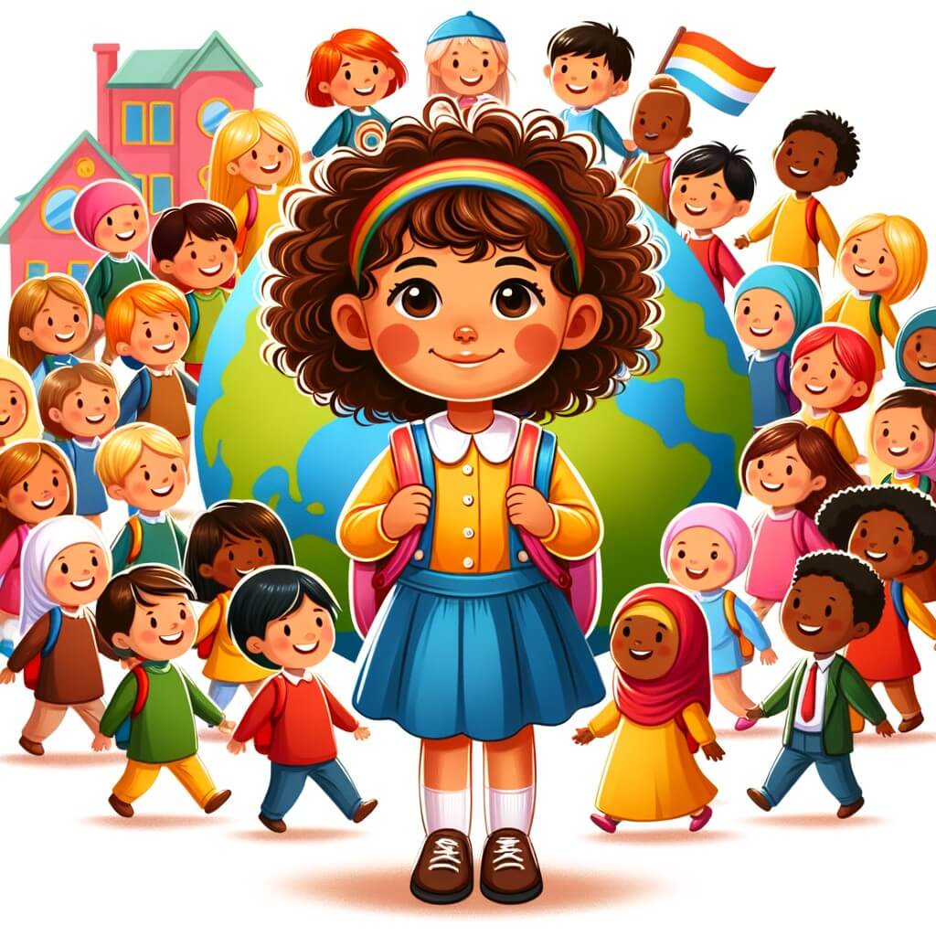 Une illustration destinée aux enfants représentant une petite fille aux cheveux bouclés, se trouvant dans une école multicolore et joyeuse, entourée d'enfants venant du monde entier, découvrant ensemble les merveilles de la diversité.