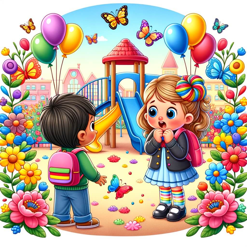 Une illustration pour enfants représentant une petite fille qui découvre une nouvelle école multiculturelle où elle rencontre une amie et apprend que la diversité est une richesse, dans un lieu rempli de couleurs et de sourires.