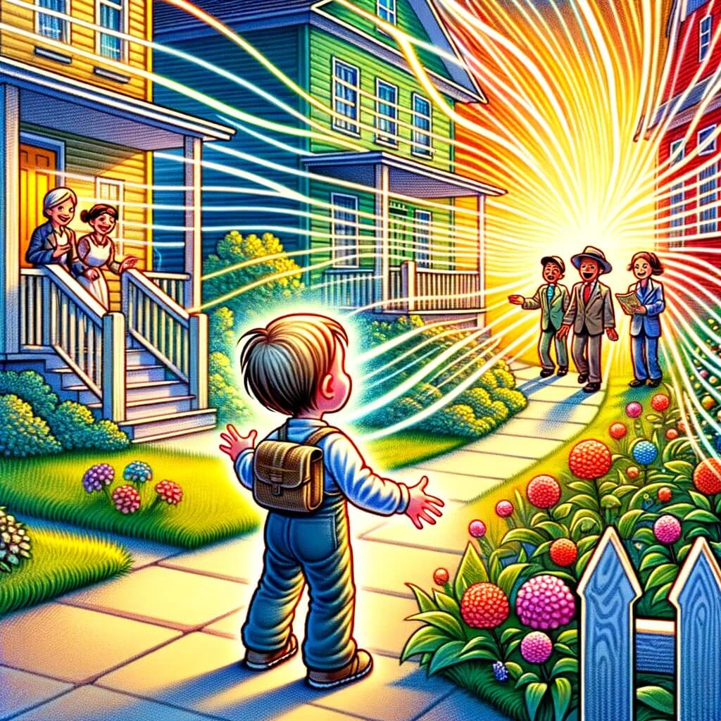 Une illustration pour enfants représentant un petit garçon curieux découvrant la diversité culturelle de ses nouveaux voisins dans un quartier paisible.