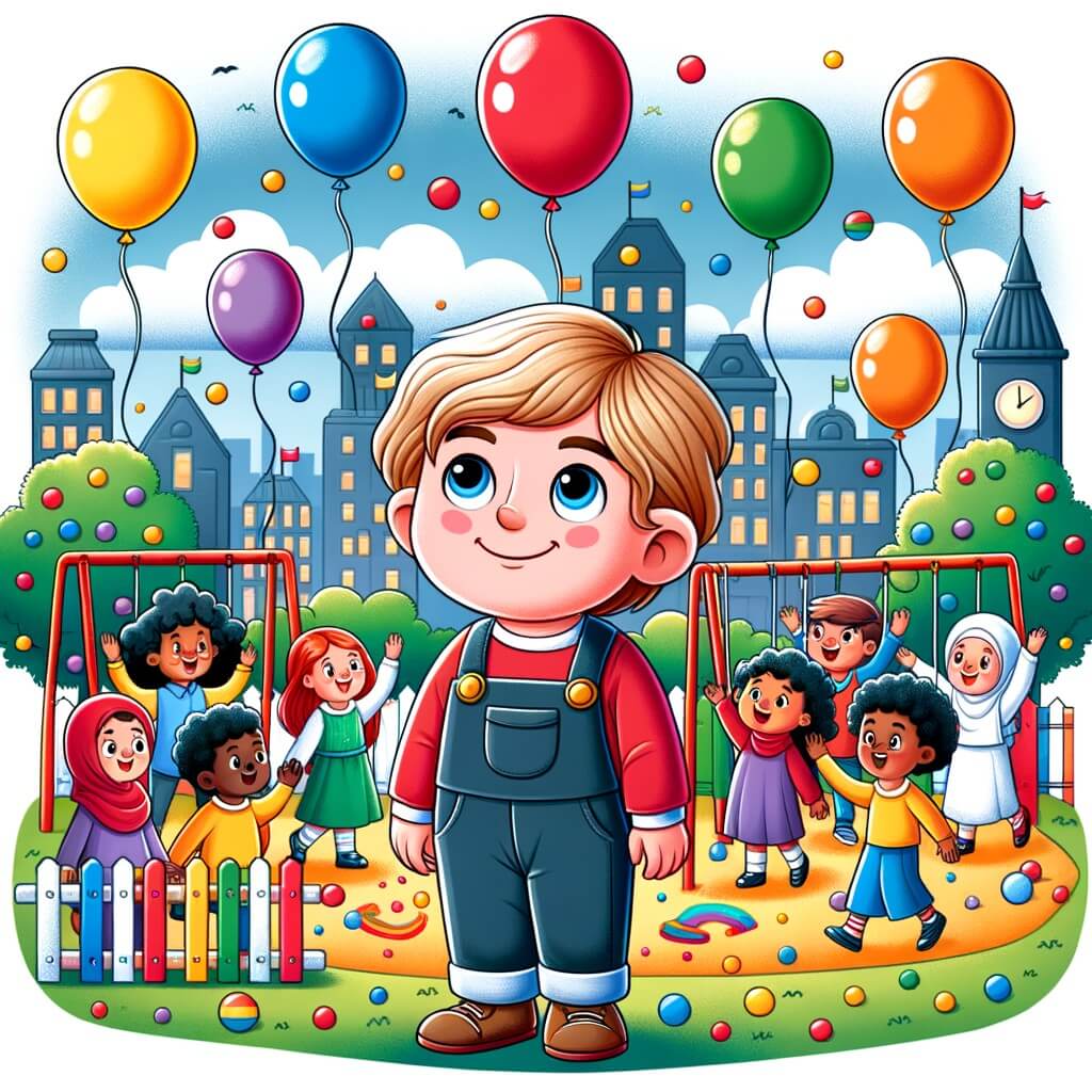 Une illustration destinée aux enfants représentant un petit garçon curieux et souriant, entouré d'enfants de différentes cultures, dans une cour de récréation colorée avec des ballons flottant dans le ciel et des arbres aux feuilles multicolores, symbolisant la diversité, dans une ville animée et pleine de vie.