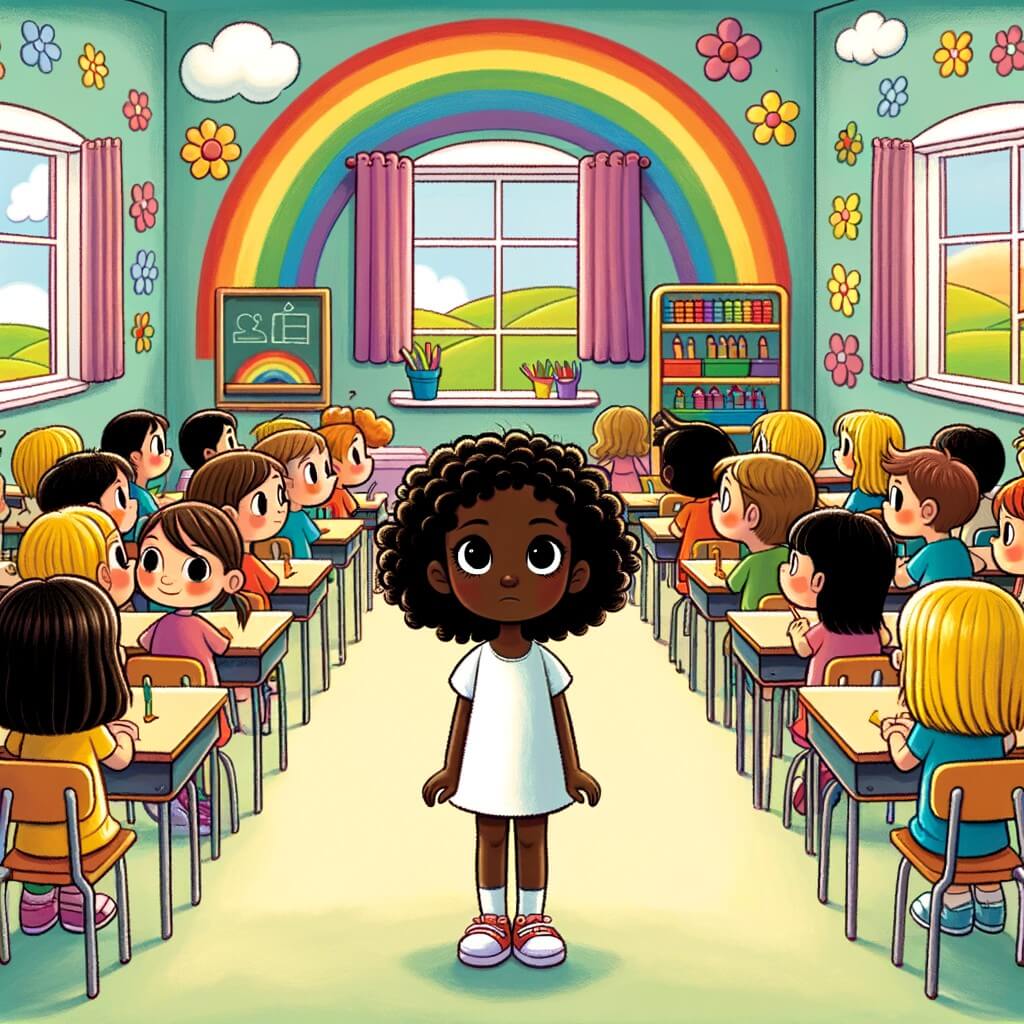 Une illustration destinée aux enfants représentant une petite fille aux cheveux frisés et à la peau foncée, se trouvant dans une classe remplie d'enfants aux cheveux lisses et à la peau claire, dans une école colorée avec des fenêtres en forme de fleurs et des murs peints avec des arcs-en-ciel.