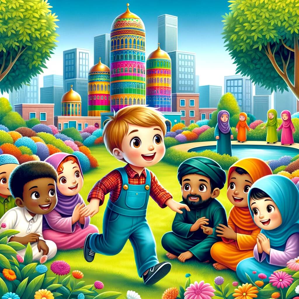 Une illustration destinée aux enfants représentant un petit garçon curieux, entouré de nouveaux amis venus d'un pays lointain, jouant dans un jardin fleuri avec un grand immeuble coloré en arrière-plan.
