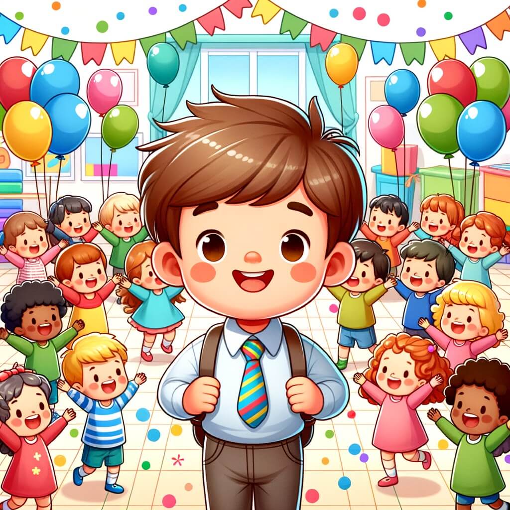 Une illustration destinée aux enfants représentant un petit garçon curieux et souriant, entouré d'enfants de toutes les couleurs, qui danse joyeusement avec eux dans une salle de classe lumineuse et colorée remplie de ballons et de décorations.