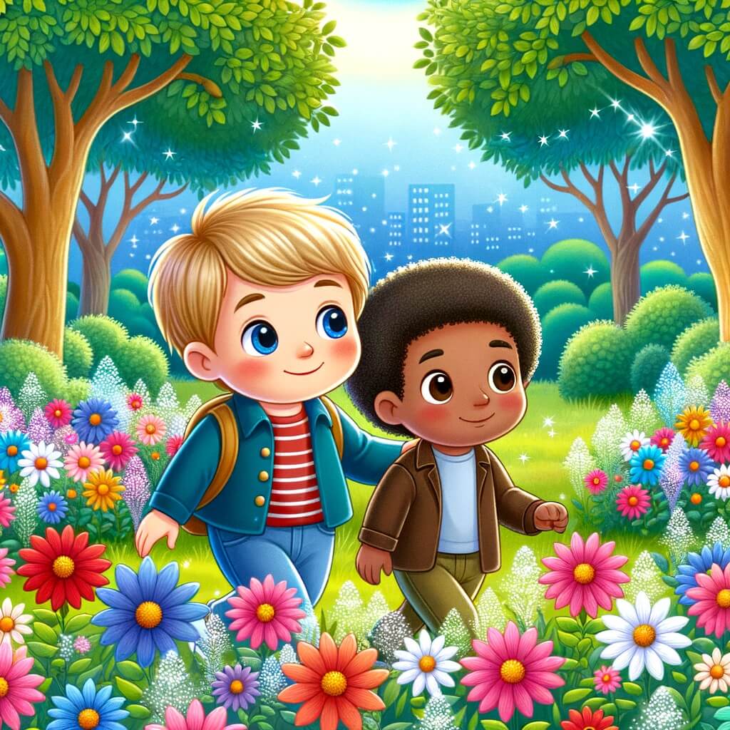 Une illustration destinée aux enfants représentant un petit garçon curieux, accompagné d'un nouvel ami, explorant un parc verdoyant parsemé de fleurs multicolores et d'arbres aux feuilles chatoyantes, symbolisant l'importance de la diversité.
