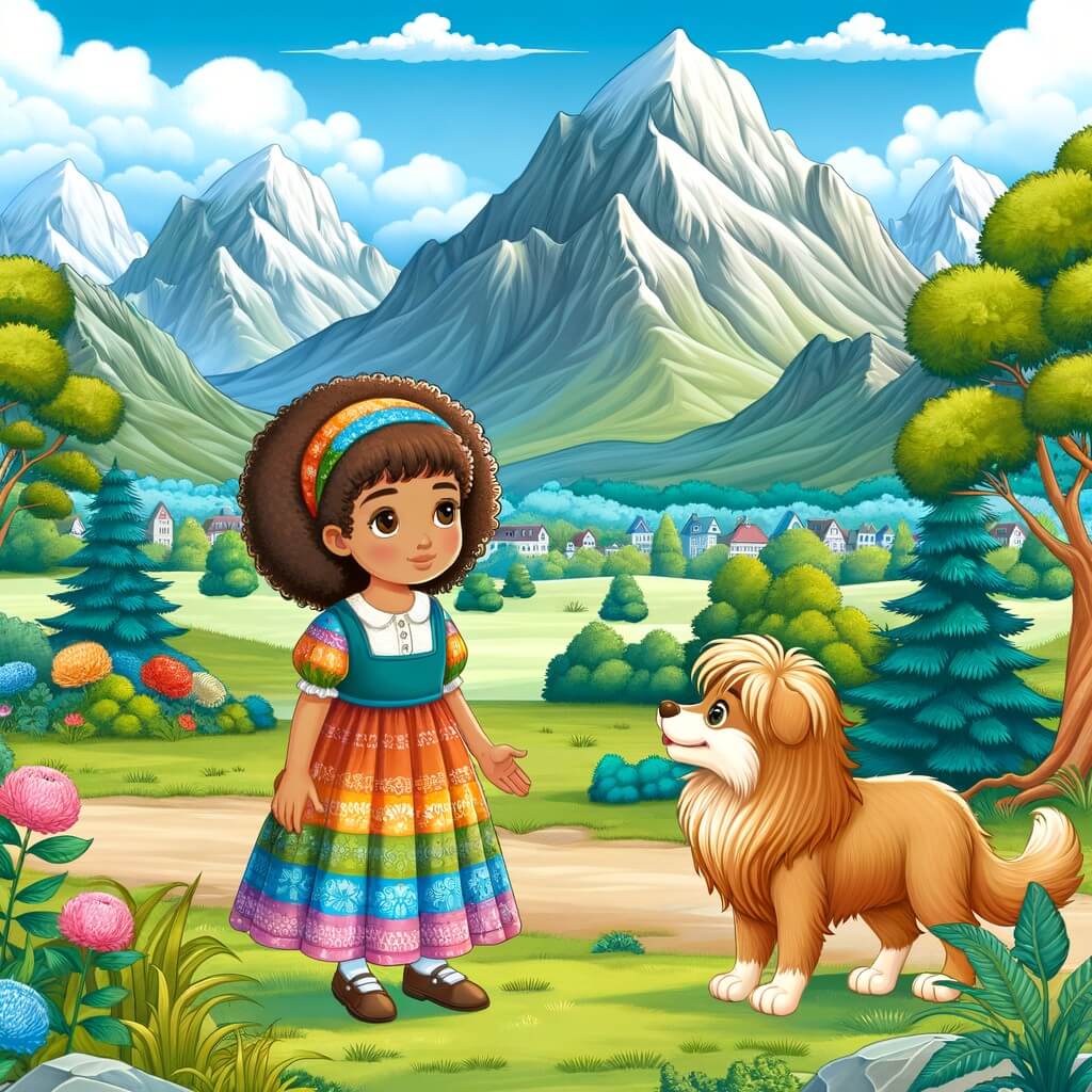 Une illustration destinée aux enfants représentant une petite fille aux cheveux bouclés, vêtue d'une robe multicolore, faisant la connaissance d'une nouvelle amie solitaire dans un parc verdoyant, entouré de montagnes majestueuses et d'arbres touffus.