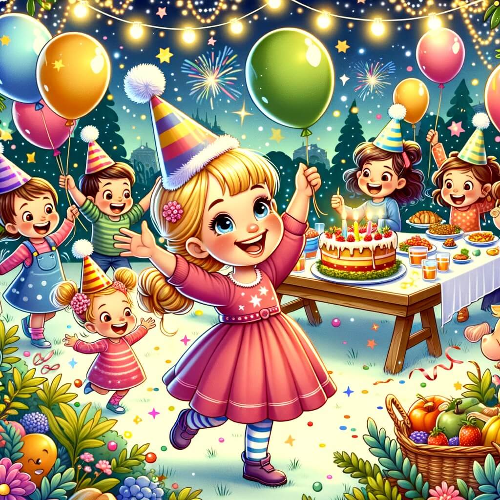 Une illustration pour enfants représentant une petite fille joyeuse qui prépare une fête de nouvel an dans son jardin avec ses amis, rempli de ballons, de confettis et de victuailles.