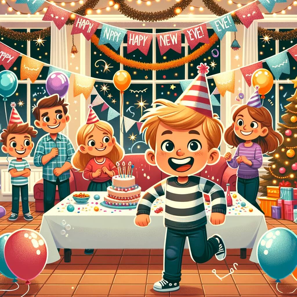 Une illustration pour enfants représentant un petit garçon excité qui organise une grande fête de Réveillon dans sa maison décorée de ballons et de guirlandes.