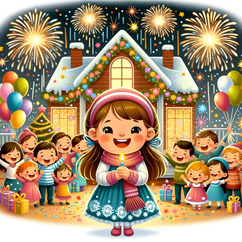 Une illustration pour enfants représentant une petite fille excitée qui se prépare pour la fête du Nouvel An avec sa famille dans leur maison décorée pour l'occasion.