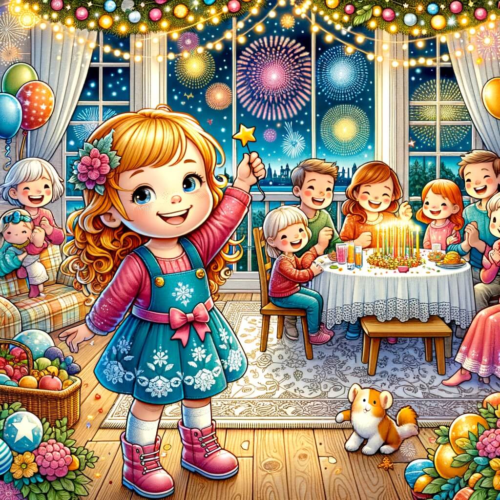 Une illustration pour enfants représentant une petite fille émerveillée par les feux d'artifice lors de la fête du Nouvel An, dans un salon joyeusement décoré.