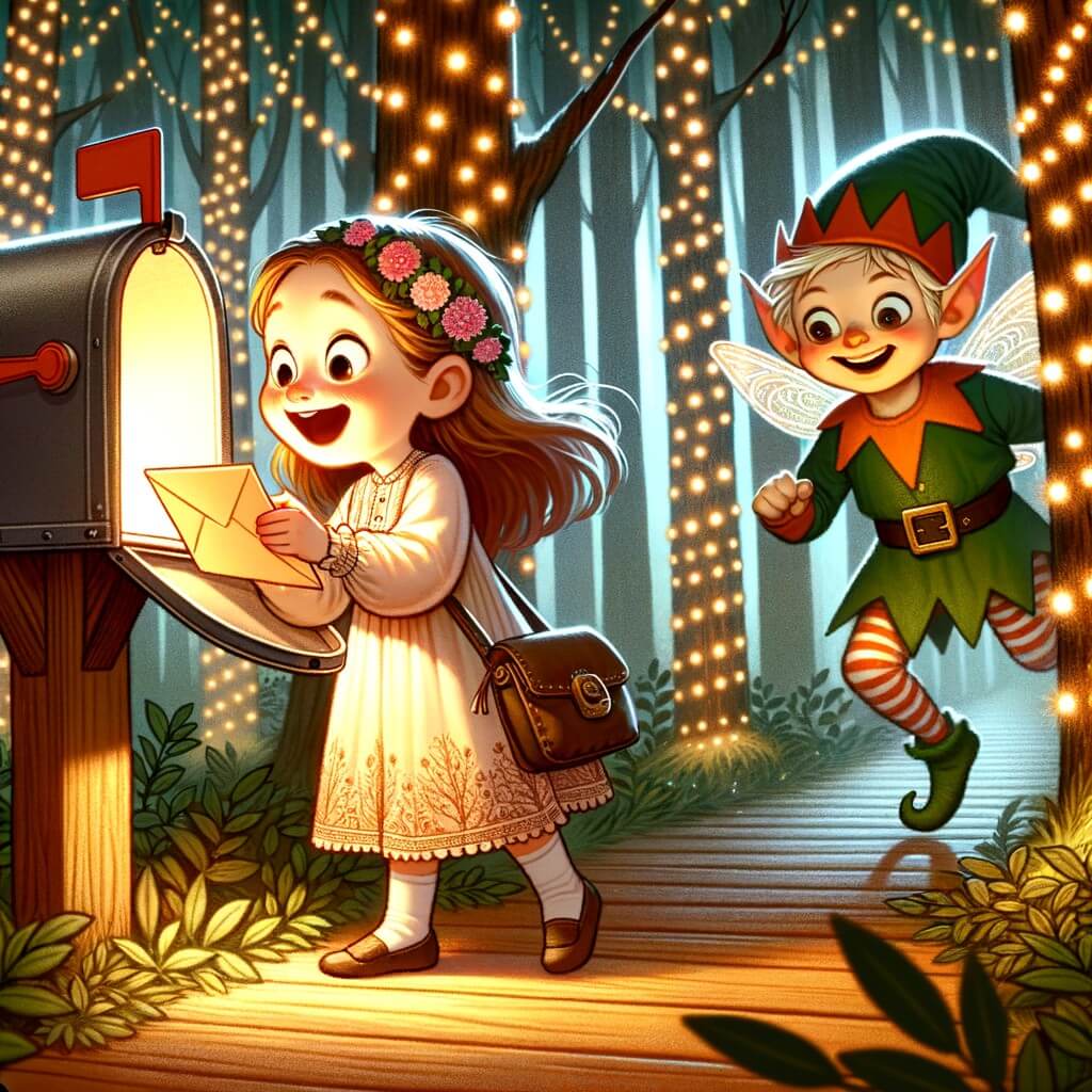 Une illustration destinée aux enfants représentant une petite fille pleine d'excitation découvrant une mystérieuse invitation dans sa boîte aux lettres, accompagnée d'un lutin farceur, dans une forêt enchantée illuminée de mille feux.