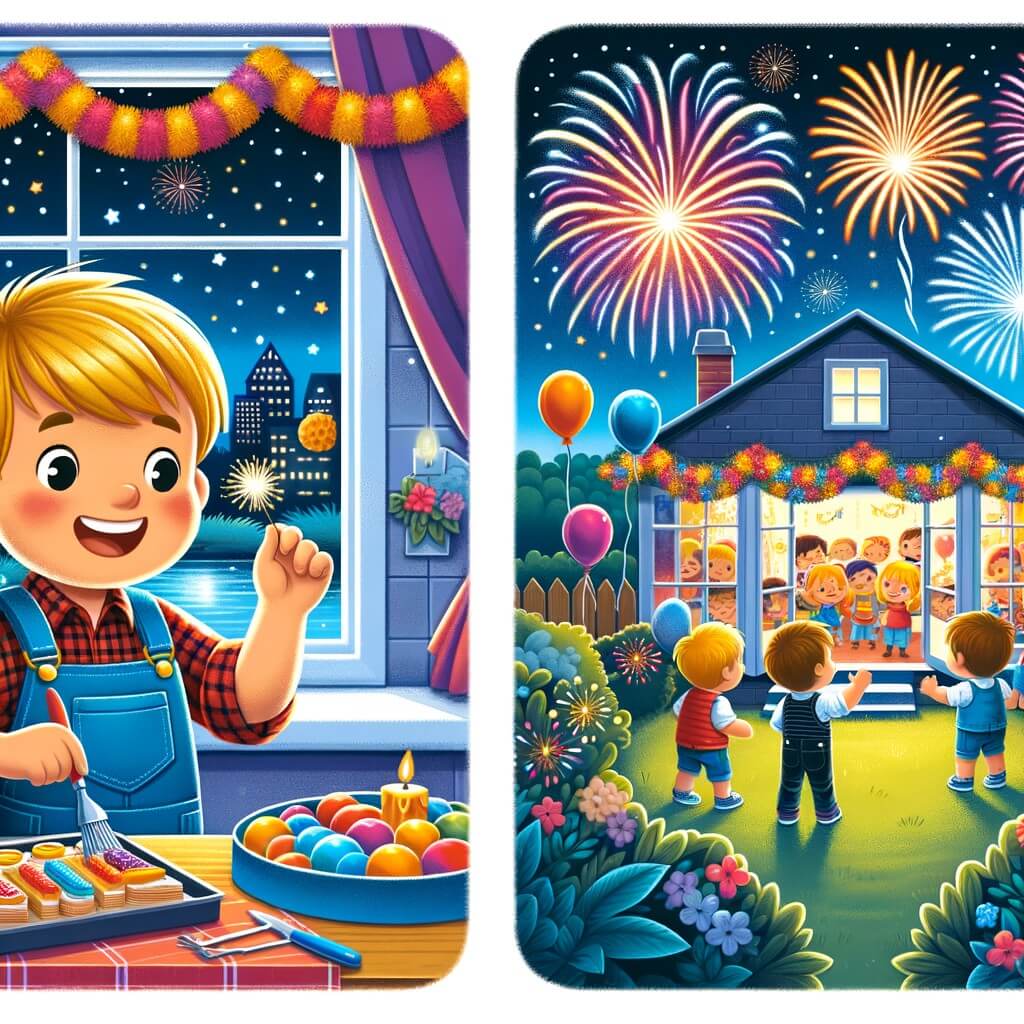 Une illustration destinée aux enfants représentant un petit garçon plein d'excitation préparant une fête du nouvel an avec ses amis, dans une maison décorée de guirlandes colorées et de ballons, avec un jardin illuminé par un magnifique feu d'artifice.