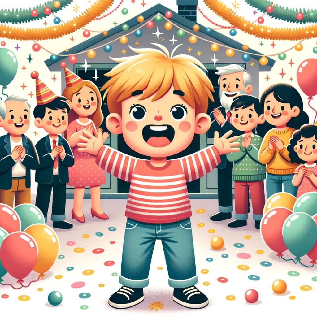 Une illustration pour enfants représentant un petit garçon plein d'enthousiasme préparant une fête du nouvel an joyeuse dans sa maison.