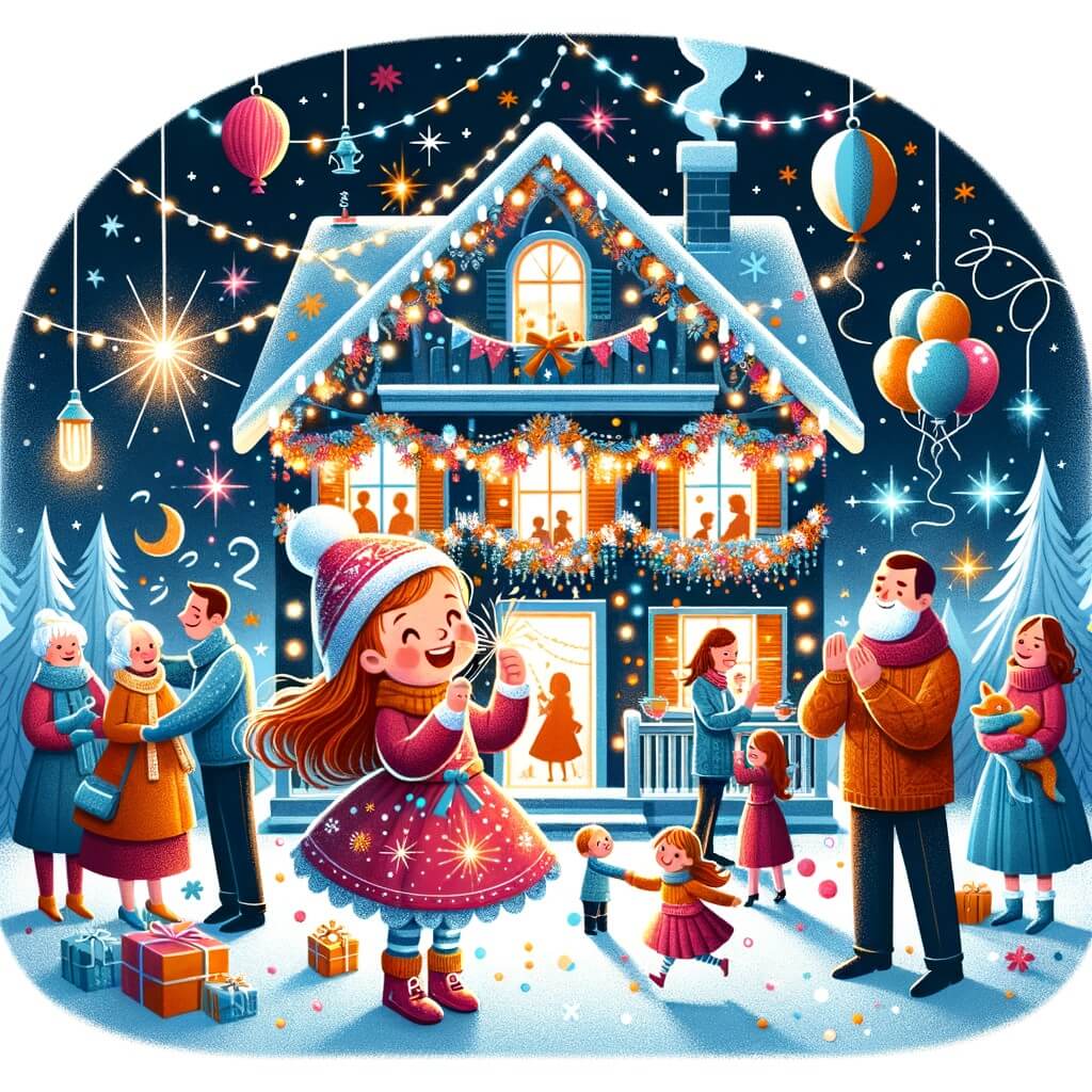 Une illustration pour enfants représentant une petite fille très excitée qui prépare une grande fête pour célébrer le réveillon dans sa maison, pleine de guirlandes, de ballons et d'étoiles dorées.