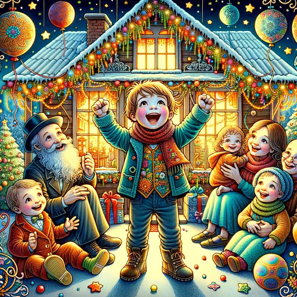 Une illustration destinée aux enfants représentant un petit garçon plein d'enthousiasme, entouré de ses proches, dans une maison décorée de guirlandes scintillantes et de ballons colorés, célébrant la fête du nouvel an avec émerveillement et joie.