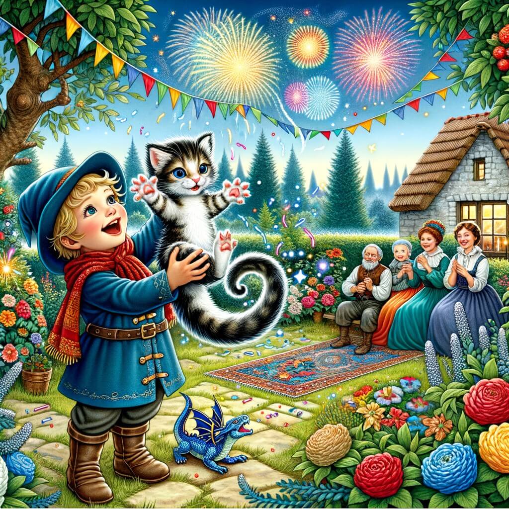 Une illustration pour enfants représentant un petit garçon plein d'excitation lors de la fête du nouvel an, dans une maison de campagne animée par des feux d'artifice et une transformation magique.