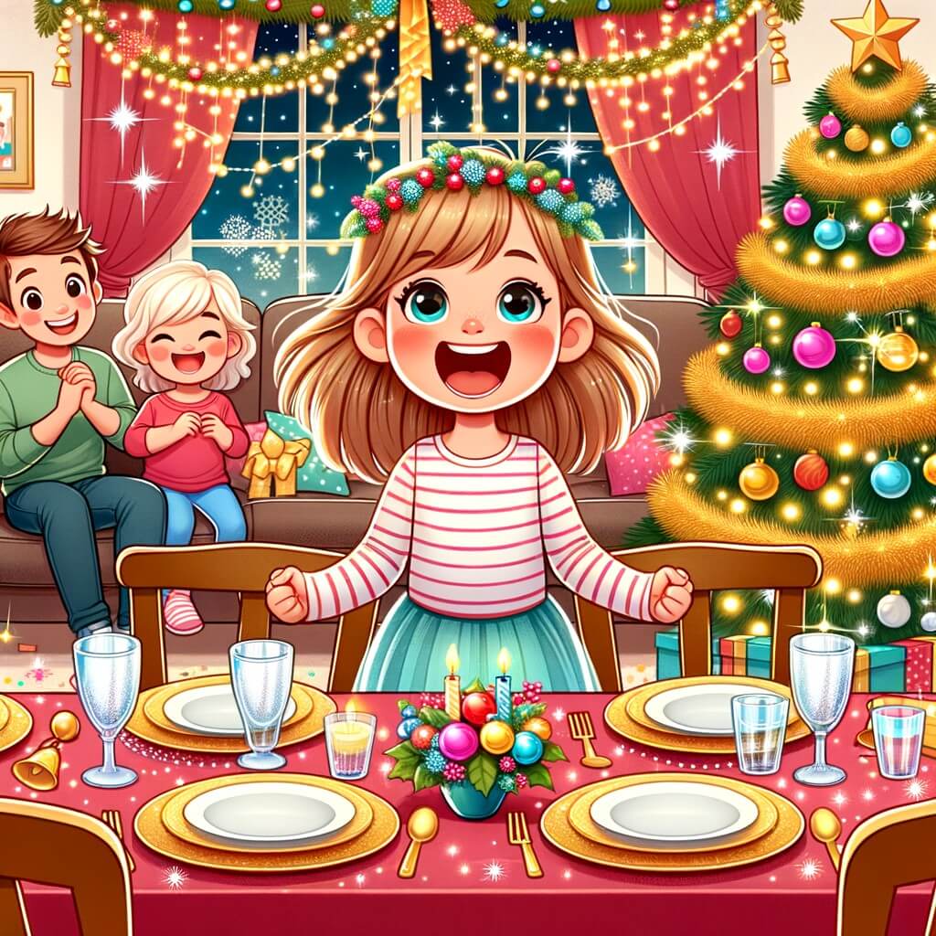 Une illustration pour enfants représentant une petite fille pleine d'enthousiasme préparant une fête du nouvel an joyeuse et étincelante dans sa maison.