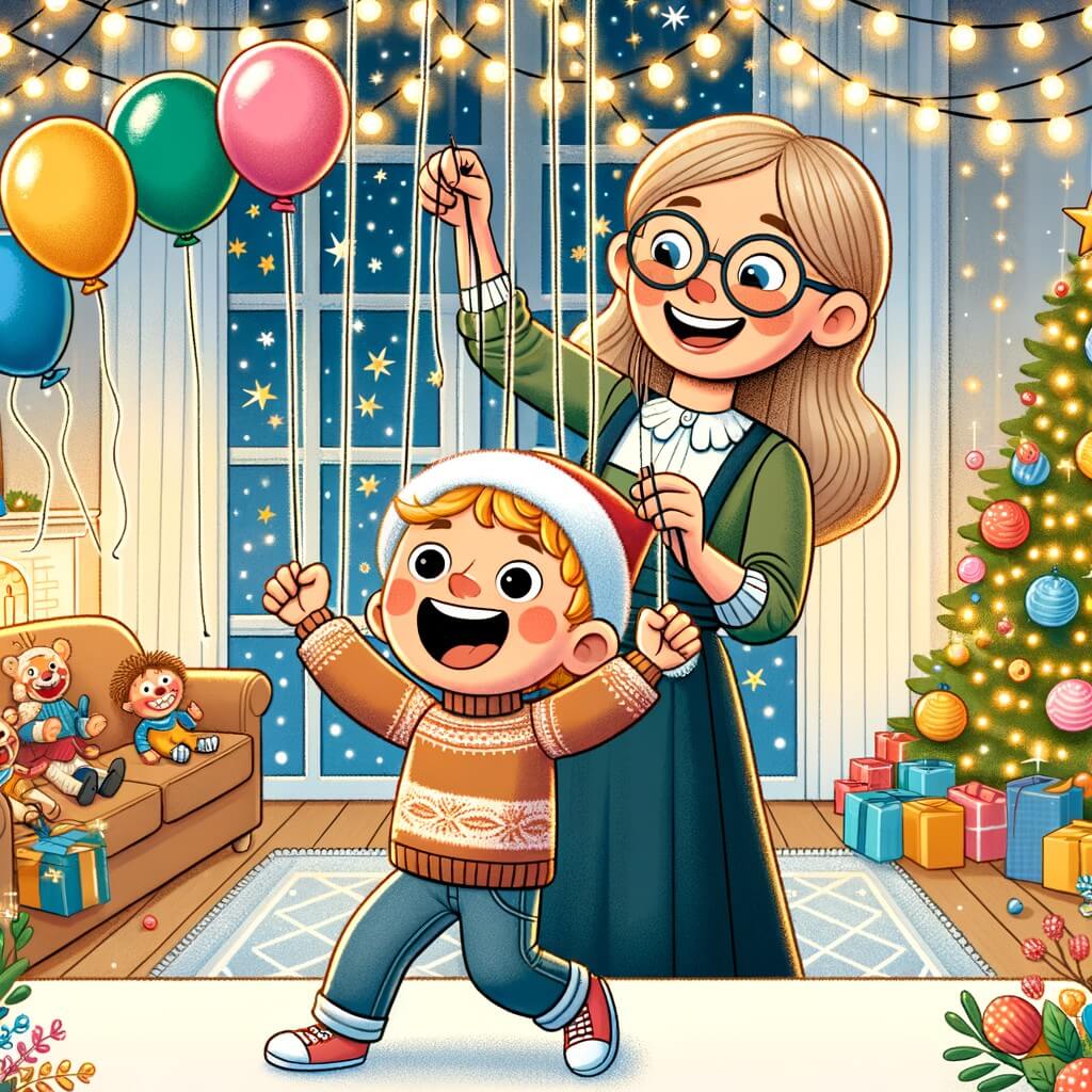 Une illustration destinée aux enfants représentant un petit garçon plein d'excitation pendant la fête du nouvel an, accompagné d'une marionnettiste talentueuse, dans un salon décoré de guirlandes scintillantes et de ballons colorés.