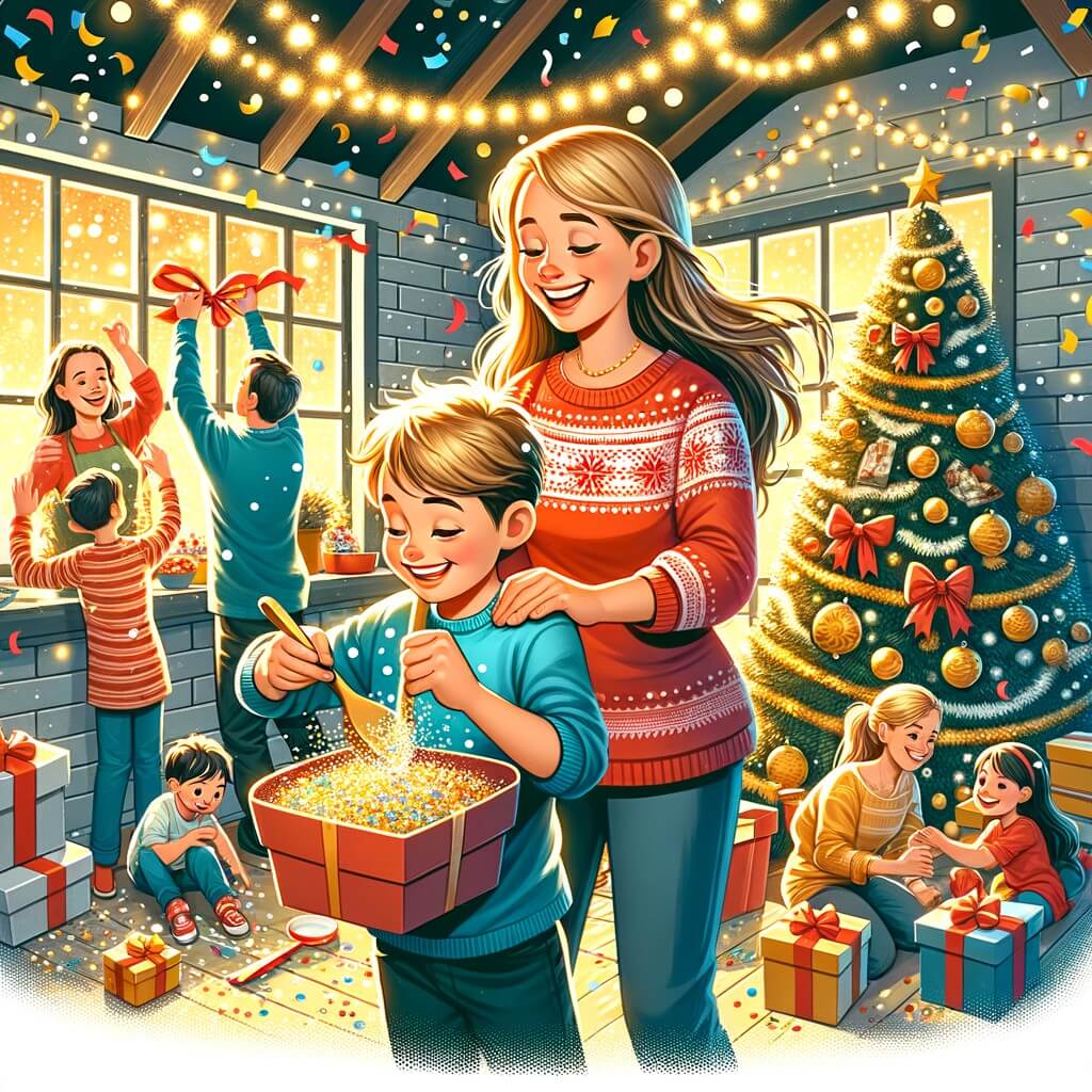 Une illustration pour enfants représentant un petit garçon plein d'enthousiasme préparant avec sa maman la fête du nouvel an dans une maison chaleureuse et festive.