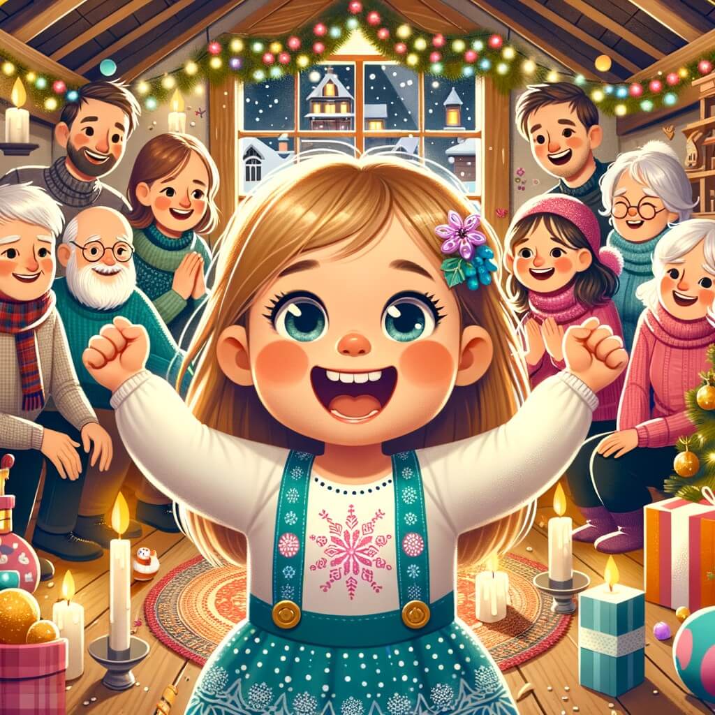 Une illustration destinée aux enfants représentant une petite fille pleine de joie et d'excitation, entourée de ses proches, dans une maison chaleureuse et joliment décorée, célébrant la fête du nouvel an avec éclat et bonheur.