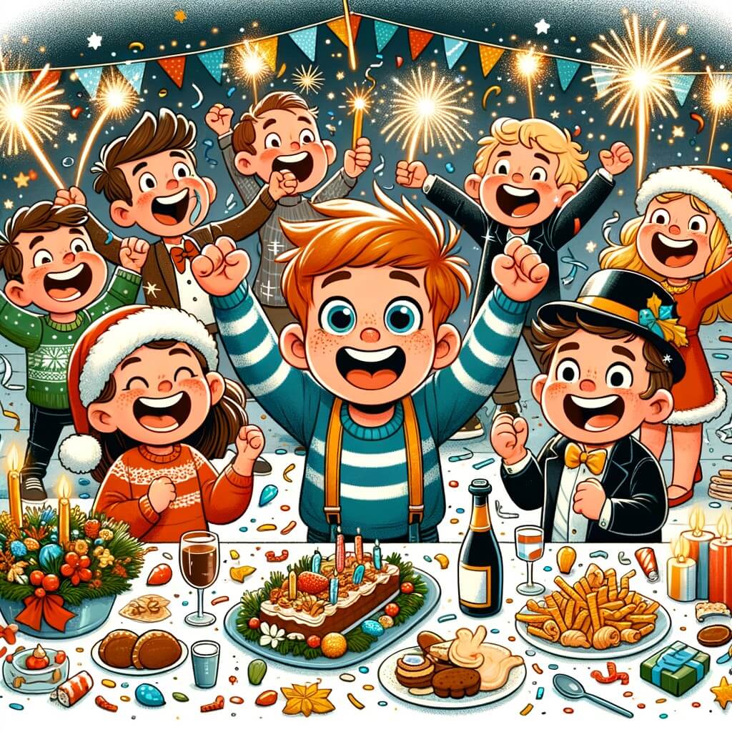 Une illustration destinée aux enfants représentant un petit garçon plein d'excitation lors de la fête du nouvel an, entouré d'amis rigolos, dans un décor festif avec des guirlandes lumineuses, des confettis, des feux d'artifice et une table remplie de délicieux mets.