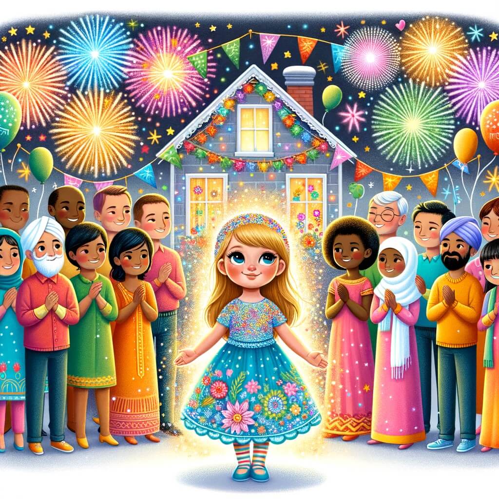 Une illustration destinée aux enfants représentant une petite fille étincelante, entourée de feux d'artifice multicolores, célébrant le Nouvel An avec sa famille et ses amis dans une maison décorée de ballons scintillants et de guirlandes festives.
