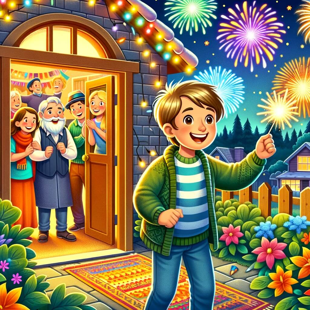 Une illustration destinée aux enfants représentant un petit garçon tout excité qui participe à une fête du nouvel an mouvementée, accompagné de ses amis, dans une maison chaleureuse entourée d'un jardin luxuriant et décoré de feux d'artifice colorés.