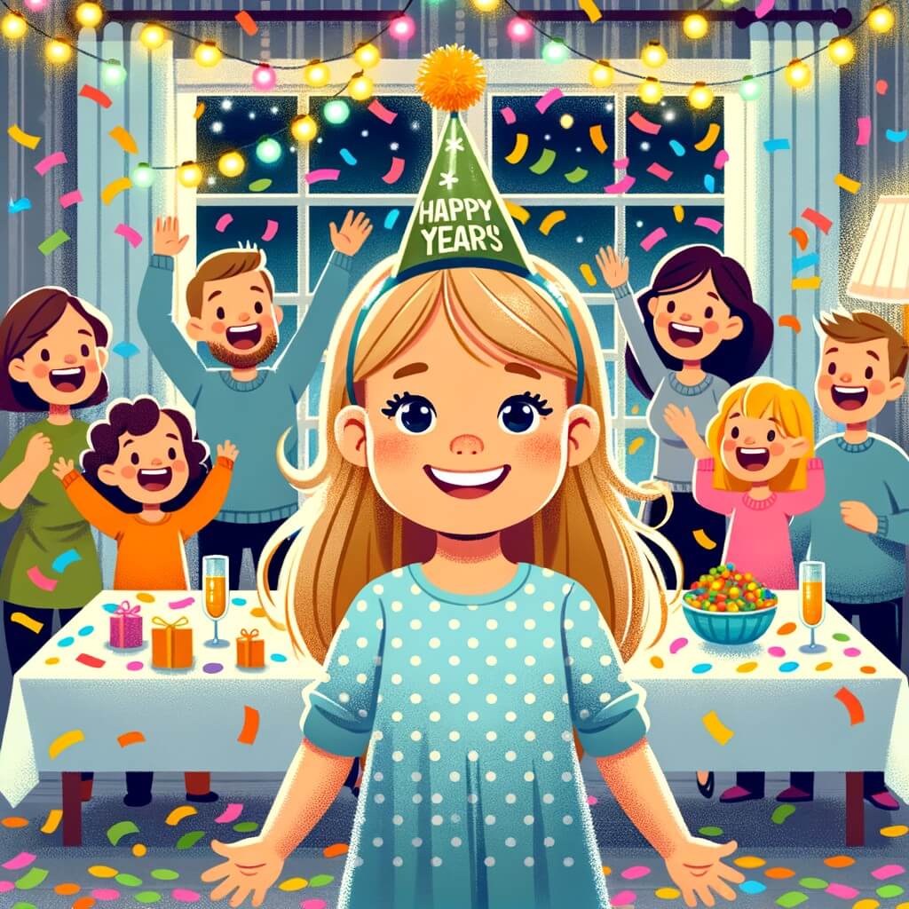 Une illustration destinée aux enfants représentant une petite fille pleine d'excitation lors de la fête du nouvel an, entourée de sa famille, dans une maison décorée de guirlandes lumineuses et de confettis colorés.